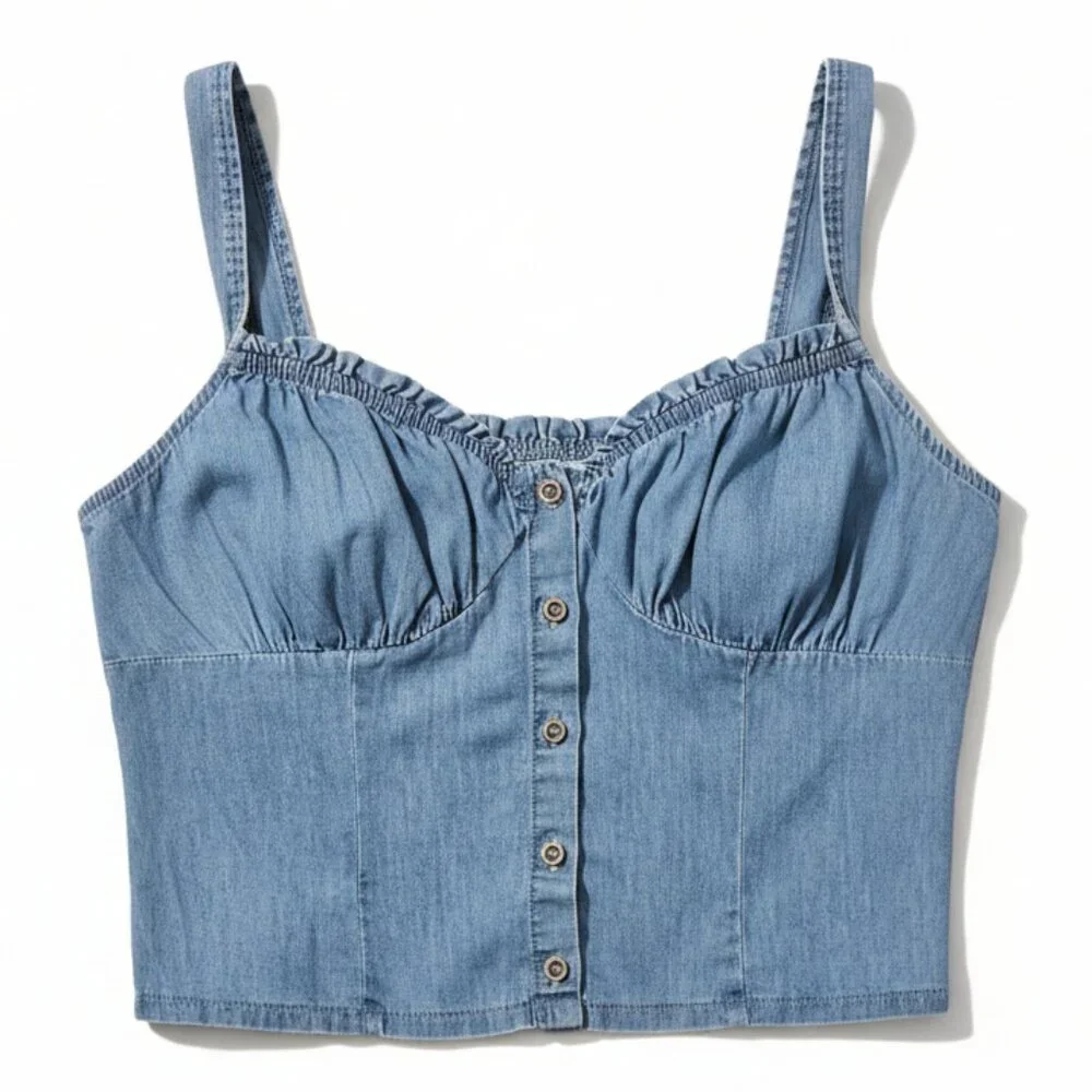 Tank Top New Mix Women's Denim Look sleeveless corset-style crop top size L - Picture 1 of 10
